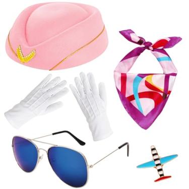 Imagem de 6 peças acessórios de fantasia de comissária de bordo para mulheres, roupas de aeromoça, chapéu de comissária de bordo, alfinete, luvas de cachecol (rosa)