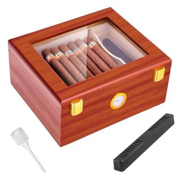 Imagem de Caixa de umidificador de charuto de mesa, umidificador de charuto de vidro com higrômetro, umidificador e divisor, umidificador de cedro espanhol, caixa de charutos de madeira comporta 30-50 charutos,