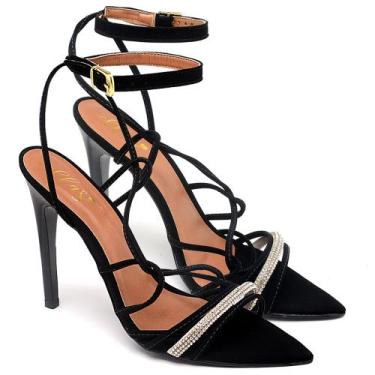 Imagem de Sandália Salto Alto Bico Folha Nobuck Preto Tira Strass - Ella'S, 38, 