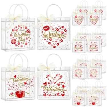 Imagem de Jutieuo Pacote com 24 sacos de presente de dia dos namorados transparentes com alças, sacolas de doces de dia dos namorados sacolas de plástico PVC a granel para lembrancinhas de festa Galentines (19