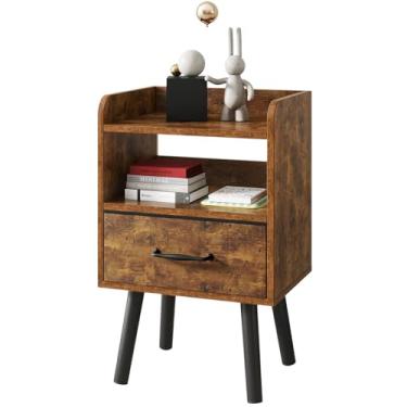 Imagem de YMYNY Mesa de cabeceira, mesa de cabeceira, mesa lateral, mesa de canto de sofá de madeira com gaveta de tecido, prateleira aberta, pernas de madeira maciça, 39 x 29 x 63 cm, para quarto, sala de