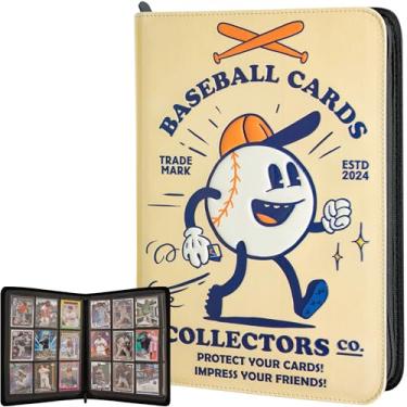 Imagem de Fichário de cartão de beisebol – Álbum de 9 bolsos com zíper – Livro de mangas de carregamento lateral 360 para cartas de beisebol – Couro PU 3D com design vintage – Funciona com topps, Bowman,
