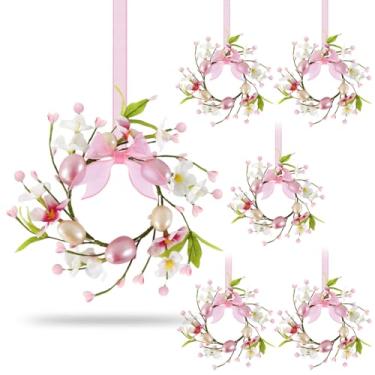 Imagem de 6 guirlandas de Páscoa pequenas para armário de cozinha, mini guirlanda artificial de flor de ovo de Páscoa para porta da frente, primavera, verão, guirlanda pendurada com fita rosa para decoração de