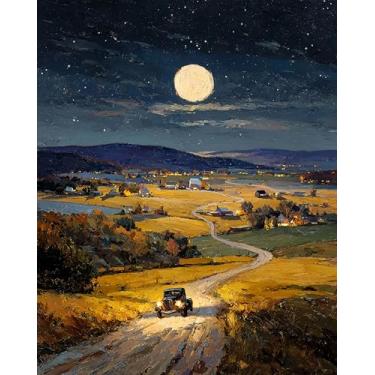 Imagem de Kit de pintura por números para adultos iniciantes, pintura noturna estrelada de carro country por números, fácil para adultos, kits de pintura por números em tela, pintura acrílica com números a óleo
