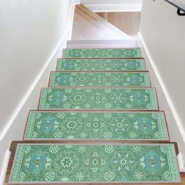 Imagem de Tapete antiderrapante verde 20 cm x 76 cm para degraus de madeira internos, tapetes resistentes tapetes de segurança de borracha para crianças idosos e cães