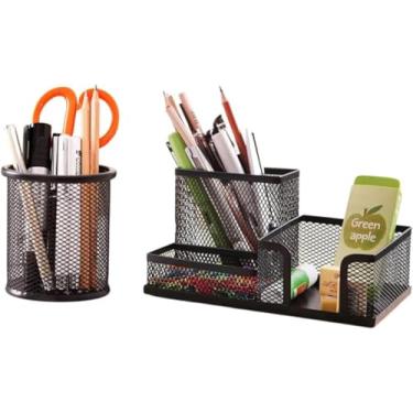 Imagem de Kit Organizador de Mesa e Porta Canetas em Metal Aramado Preto com Divisórias – Ideal para Escritório, Home Office, Escola – Suporte para Lápis, Tesoura, Clips e Acessórios de Papelaria