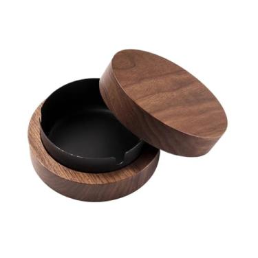 Imagem de x3anggyt5 Cinzeiros para cigarros, cinzeiro de madeira de nogueira, destacável, aço inoxidável, redondo, portátil, cinzeiro para ambientes internos e externos, escritório, jardim, etc. Bandeja de