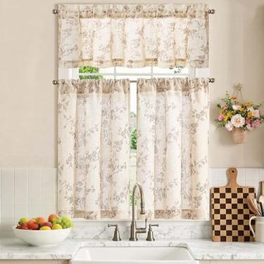 Imagem de jinchan Conjunto de cortinas florais de cozinha, 91 cm de comprimento, para casa de fazenda, café, para sala de estar, banheiro, janela pequena, tratamentos de varão, bolso para varão, 3 painéis