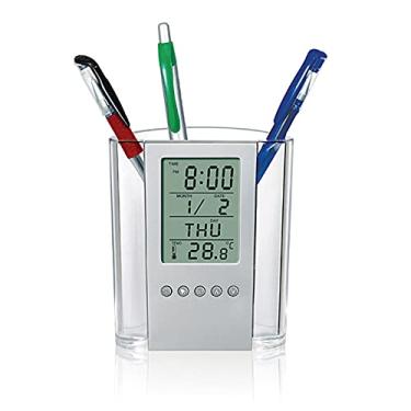 Imagem de Relógio de Alarme Mesa LCD Digital Multifuncional com Suporte para Canetas e Lápis Calendário Timer Temperatura Escritório Eletrônico Mantém a Organizada Organizador Estiloso Uso em Casa