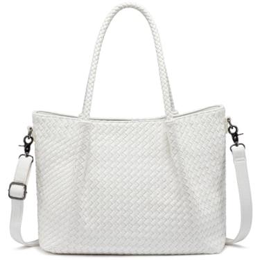 Imagem de LOVEVOOK Bolsa de tecido feminina moderna de couro vegano, bolsa de tecido grande para verão e praia, Branco