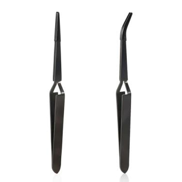 Imagem de Pinças reversas, pinças de bloqueio cruzado, pinças de solda de aço inoxidável com pontas de borracha retas e dobradas, pinças de artesanato de ação reversa para artesanato de joias eletrônicas (preto