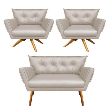 Imagem de Kit 01 Namoradeira 02 Poltronas Corino Bege Base Madeira