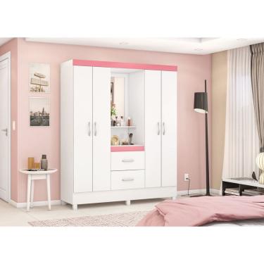 Imagem de Guarda-Roupa Capelinha Lord 4 Portas com Espelho e Gavetas Branco/Rosa | 181cm | MDP