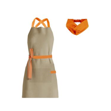 Imagem de Avental Bege e Faixa Turbante Laranja Chef Cozinha Bistro