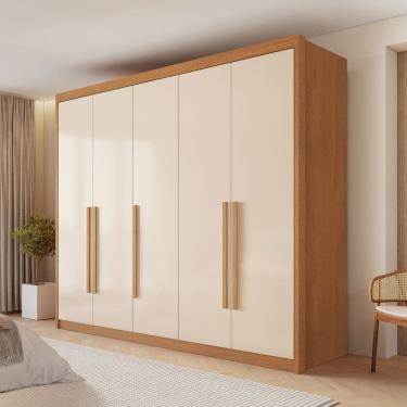 Imagem de Guarda Roupa Casal Bari 5 Portas 8 Gavetas 100% Mdf Cinamomo/Off White