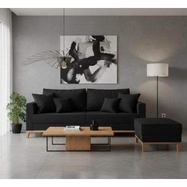 Imagem de Conjunto Sofá Beny 1,80m e Puff Beny, 2 Peças, Tecido Linho, Base e Pé