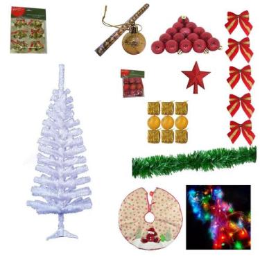 Imagem de Árvore De Natal Branca 90Cm 90 Galhos Com 62 Enfeites Decorada Pisca L
