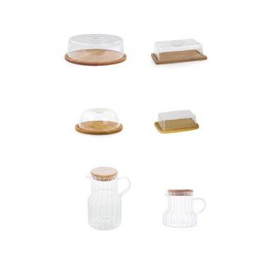 Imagem de Kit Café da Manhã com 2 Jarras Vidro + Boleira + Manteigueira + Porta Frios e Queijo em Bambu e Acrílico