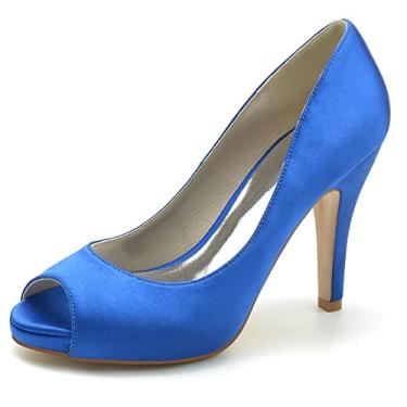 Imagem de Sapatos de noiva stiletto femininos escarpins de cetim marfim Peep Toe salto alto sapatos sociais,Blue,8 UK/41 EU
