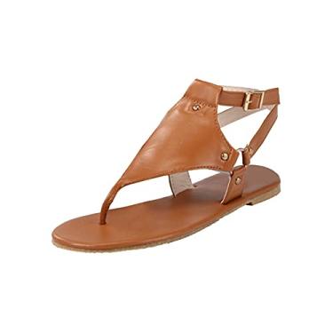 Imagem de Sandálias femininas POTO casuais de verão, sandálias femininas planas anabela sandálias casuais de verão sandálias de praia chinelos sapatos romanos, Z01-Marrom, 11