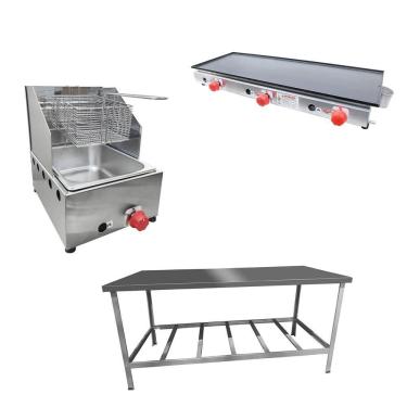 Imagem de Kit Lanchonete Mesa de Manipulação 190x70cm + Fritadeira a Gás 1 Cuba + Chapa a Gás 90cm Alcamar