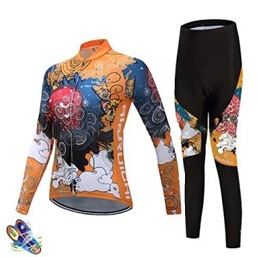Imagem de Conjunto de camisa de ciclismo inverno feminino manga longa 3D calças acolchoadas MTB desgaste de bicicleta térmico à prova de vento roupas esportivas, laranja, 2GG (peito: 106cm)