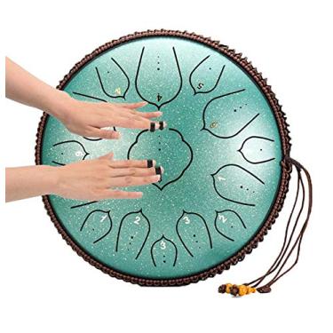 Imagem de QiaoDongDian Tambor de língua de aço - 15 notas Chakra Tank Drum 35 centímetros Lotus Hand Pan Drum com gama ultra ampla, com decoração de corda e marretas, bolsa, livro de música (cor: verde)