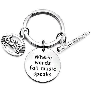 Imagem de Chaveiro de flauta, chaveiro de música, chaveiro de nota musical, chaveiro de instrumento musical, presente de música, chaveiro de flauta, Prata, Diameter of Key Ring : 1.2 inches (3 cm)