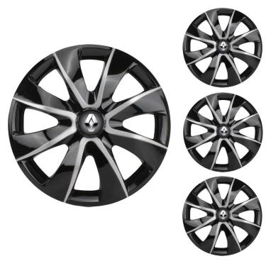 Imagem de Jogo Calota Aro 14 Prime Black Silver Elitte Preto Prata + Emblema Resinado Renault (Sandero Logan Clio Scenic Megane Kwid)