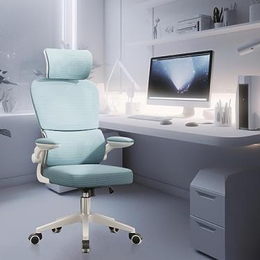 Imagem de Cadeira de escritório, design ergonômico com suporte lombar independente, malha respirável e encosto de cabeça ajustável (Verde)