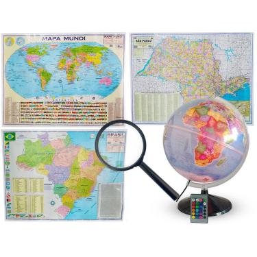 Imagem de Kit Globo Terrestre Profissional Prisma RGB 30cm + Lupa +  Mapa do Brasil + Mapa Mundi + Mapa do Estado de SP
