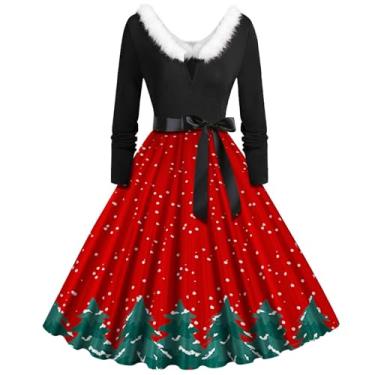 Imagem de Vestido feminino outono/inverno Natal estampado gola manga longa vestido casual verão plissado vestido, Vermelho, M