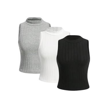 Imagem de MakeMeChic Conjunto de 3 peças de camisetas femininas de malha canelada com gola redonda justa, básica, cor lisa, Preto, cinza e branco, M