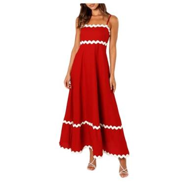 Imagem de Legou Vestidos femininos de cor sólida grandes vestidos rodados frente única, Vermelho, M