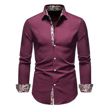 Imagem de WSLCN Camisa social masculina manga longa slim fit elegante simples casual business shirt, A215-vinho, XXG