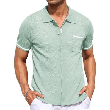Imagem de COOFANDY Camisa polo masculina de malha com botões e manga curta vintage camisa casual verão praia, Pat10 - verde gelo, 3G