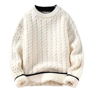 Imagem de Aoleaky Suéter de inverno grosso quente masculino gola redonda pulôver de tricô masculino solto tricô casual casal, Bege branco, Small