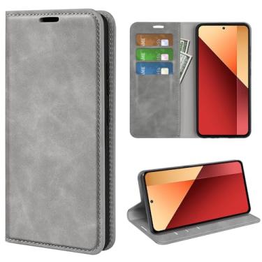 Imagem de Capa para Xiaomi Redmi Note 13 Pro 4G, capa carteira de couro design clássico com slot para cartão e fecho magnético capa dobrável para celular Xiaomi Poco M6 Pro 4G (cinza)