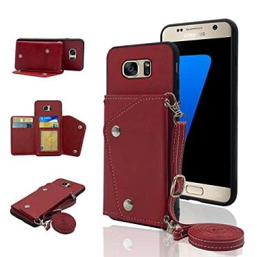 Imagem de Capa carteira compatível com Samsung Galaxy S7 Edge com alça de ombro transversal e suporte de couro para cartão de crédito, acessórios para celular para Glaxay S7edge Gaxaly S 7 GS7 7s 7edge vermelha