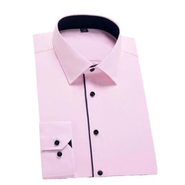 Imagem de Eesuei Camisa de trabalho masculina de manga comprida de sarja sólida básica para escritório sem bolso frontal com botão preto patchwork, Am704, 3G
