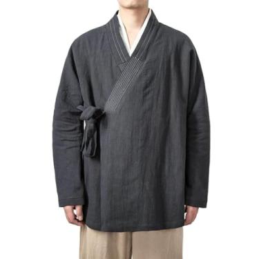 Imagem de WOLONG Casaco cardigã masculino de linho estilo chinês solto preto jaqueta cor sólida auto-gravata Hanfu, Cinza azul9, P