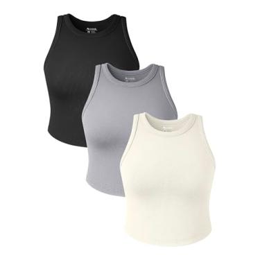 Imagem de OQQ Camiseta feminina de 3 peças, gola redonda, sem mangas, básica, elástica, para ioga, cropped, Preto, cinza, bege, GG