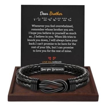 Imagem de Presentes de Natal para homens pulseira de couro marrom preto trançado Forever I Love You presentes para ele pulseiras de punho infinito presentes de aniversário para namorado filho neto marido pai homens meias de enchimento para meninos adolescentes, 8.5 Inches, Metal, Sem pedras preciosas
