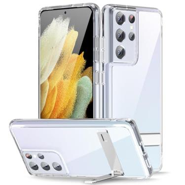 Imagem de oakxco Capa para Samsung Galaxy S21 Ultra Stand transparente com suporte de metal embutido, plástico rígido transparente e silicone TPU borda macia capa protetora resistente para celular, fina e à