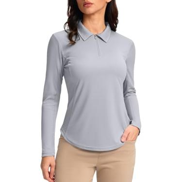 Imagem de Camisas polo femininas manga longa FPS 50+ camisas de proteção UV leves de secagem rápida camisas frescas para mulheres golfe trabalho ao ar livre, Cinza claro, GG