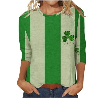 Imagem de Camiseta feminina do Dia de São Patrício com estampa da bandeira irlandesa americana túnica verde manga 3/4, Prata, 3G