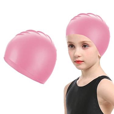 Imagem de Doovid Toucas de natação infantis à prova d'água para meninos e meninas de 3 a 8 anos, touca de banho de silicone de cabelo longo e curto, rosa, tamanho �nico