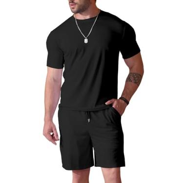 Imagem de Uni Clau Conjunto masculino de 2 peças, moda verão, agasalhos, casual, camisa e shorts, Preto, M