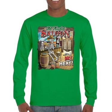 Imagem de Camiseta de manga comprida Hot Headed Saloon But its a Dry Heat Funny Skeleton Biker Beer Drinking Cowboy Skull Southwest, Verde, G