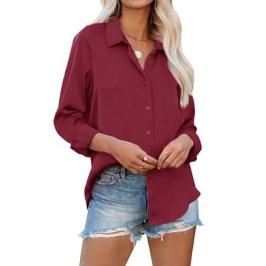 Imagem de siliteelon Camisas femininas de botão, manga comprida, sem rugas, gola para trabalho, escritório, blusas de chiffon, Vinho tinto, 3G